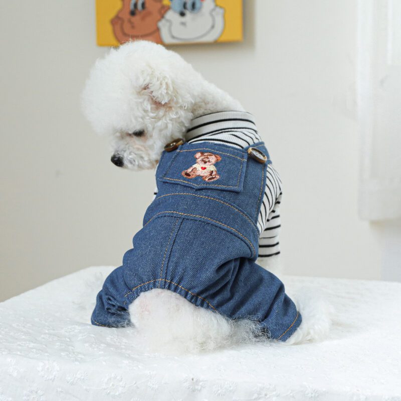 Bear Denim Dog Overalls with Striped Top - Puppy Jumpsuit