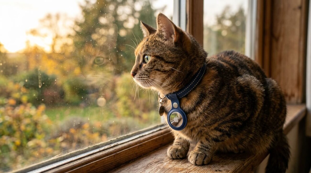 Waterproof GPS pet tracker showing live location on smartphone app map