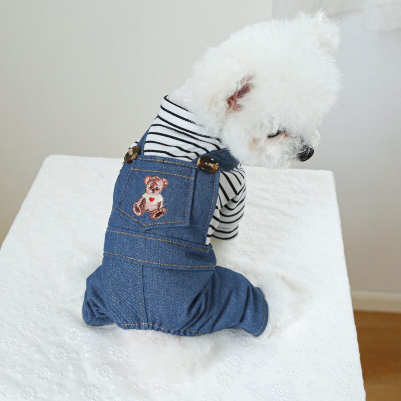 Bear Denim Dog Overalls with Striped Top Puppy Jumpsuit