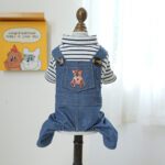 Bear Denim Dog Overalls with Striped Top - Puppy Jumpsuit