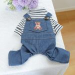 Bear Denim Dog Overalls with Striped Top - Puppy Jumpsuit
