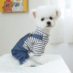 Bear Denim Dog Overalls with Striped Top - Puppy Jumpsuit