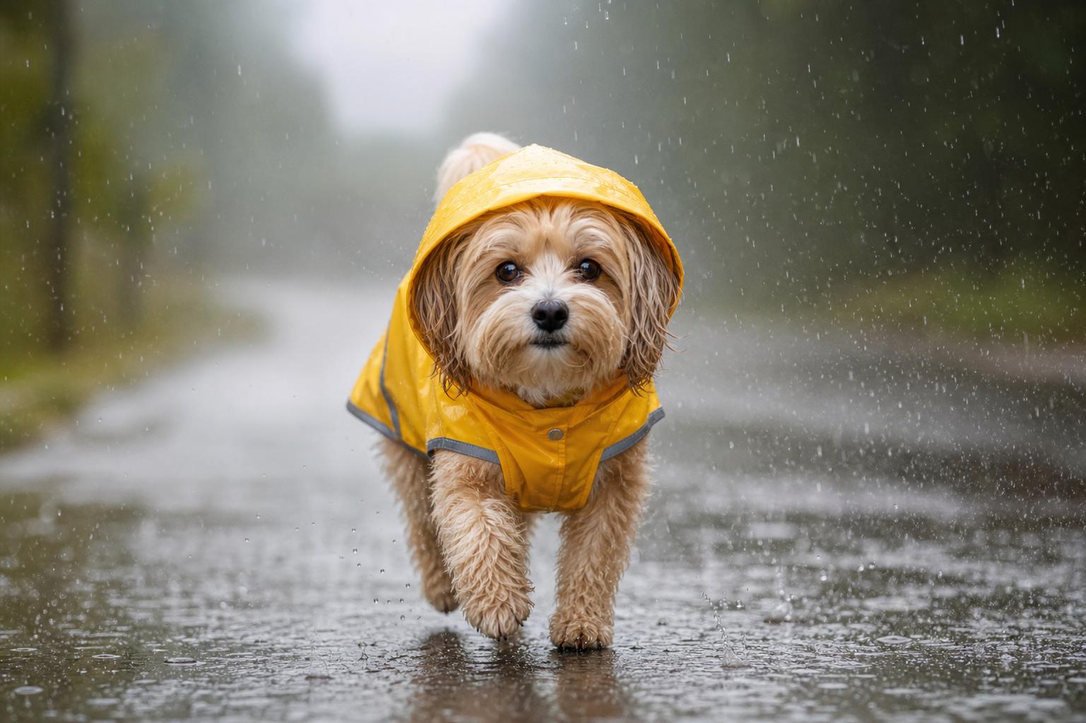 Small dog wearing a bright raincoat in the rain